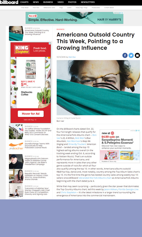 Billboard Magazine article on Americana music's rising popularity